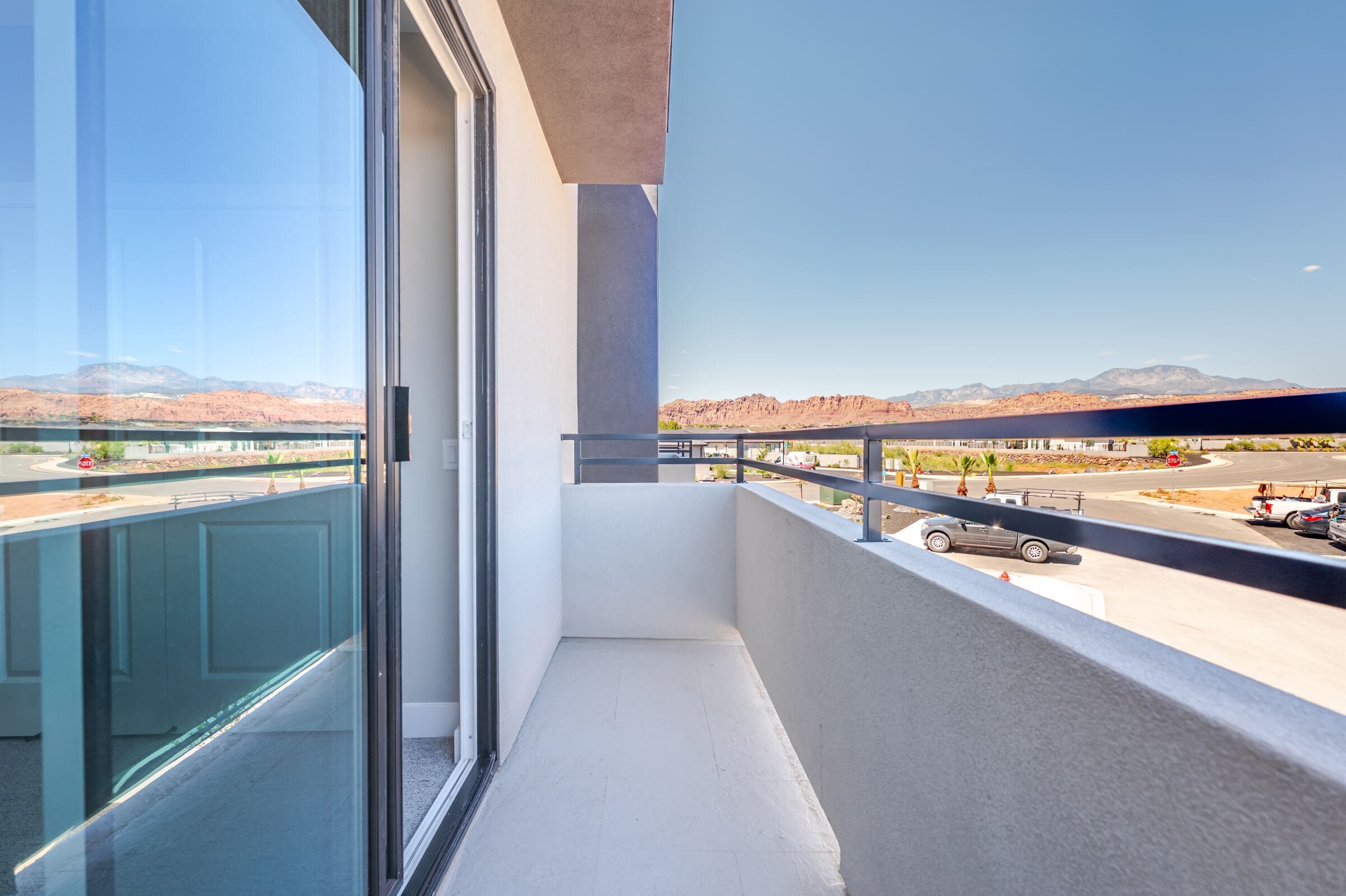 Private balcony with red rock and mesa views